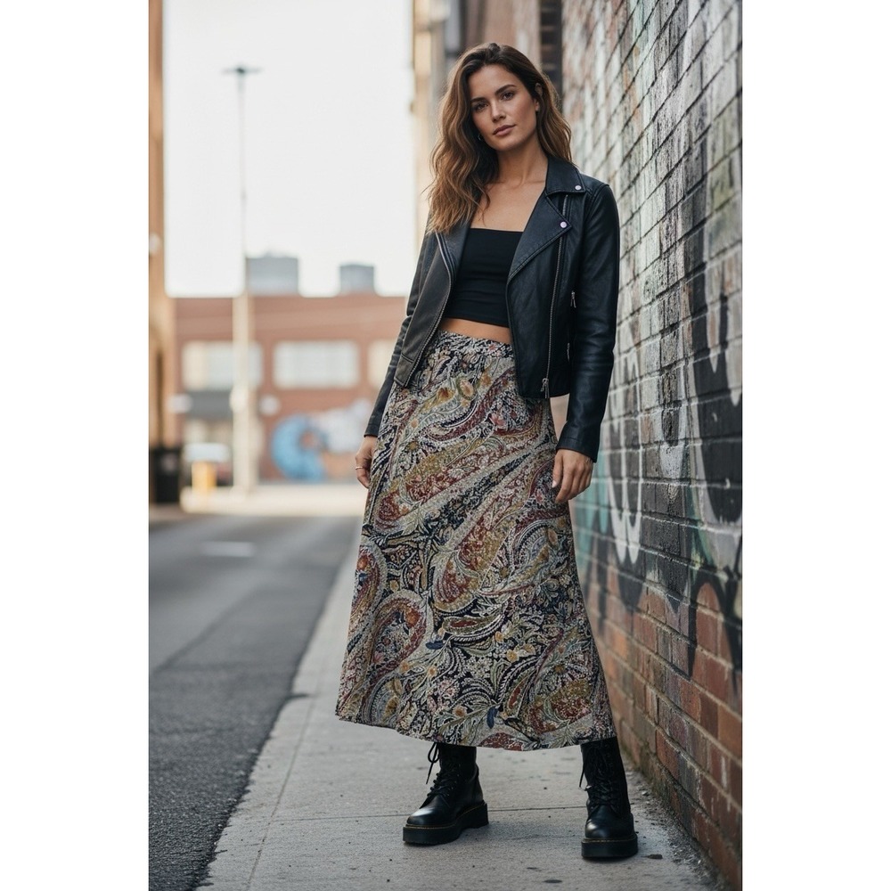 Y2K 🤑Vince Camuto🔥Tapestry Paisley Midi Skirt Grunge Fairy A-Line Boho $79- L